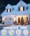 Outdoor Icicle Lights With Clips 20 Ft 100 LED Twinkling White Christmas String Lights on snowy house eaves