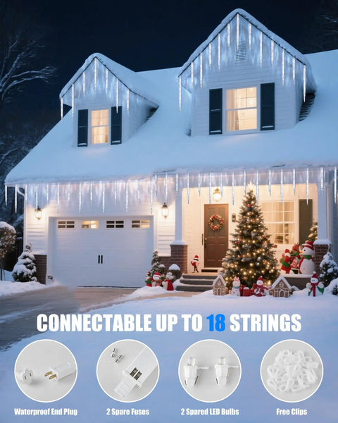 Outdoor Icicle Lights With Clips 20 Ft 100 LED Twinkling White Christmas String Lights on snowy house eaves
