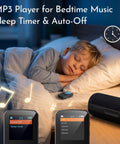 64GB Clip On MP3 Player With Bluetooth 5.3 Auto Reconnect next to sleeping child, demonstrating sleep timer function.