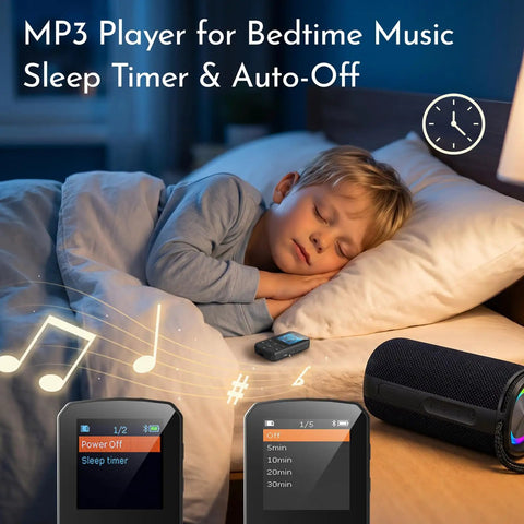 64GB Clip On MP3 Player With Bluetooth 5.3 Auto Reconnect next to sleeping child, demonstrating sleep timer function.