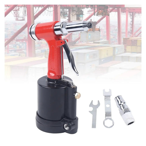 Pneumatic Rivet Gun With 90 To 120 Psi Air Power 1300 Kgf Riveting Tool Kit shown with accessories on a workshop background