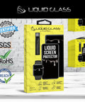 Liquid Glass Screen Protector For Up To Four Devices, Universal Shield packaging with certifications in background