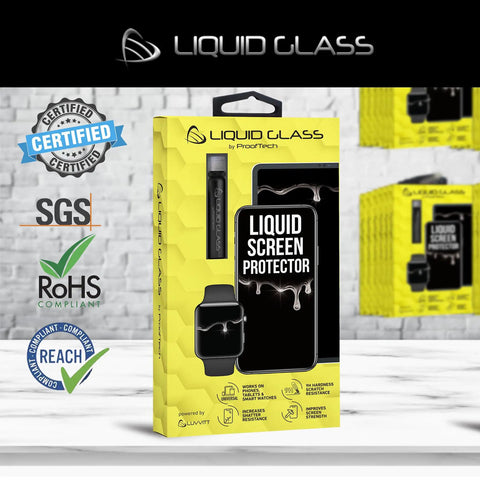 Liquid Glass Screen Protector For Up To Four Devices, Universal Shield packaging with certifications in background
