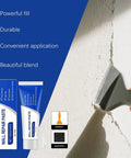 Fast No Mess Drywall Repair Kit For Holes And Cracks with putty applicator filling a wall crack, repair paste packaging visible