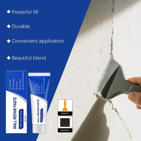 Fast No Mess Drywall Repair Kit For Holes And Cracks with putty applicator filling a wall crack, repair paste packaging visible