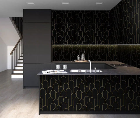 Black And Gold Peel And Stick Wallpaper With Modern Geometric Design installed on kitchen cabinets.