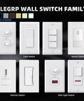 Various styles of wall switches, including dimmer, toggle, and sensor types in white finish, Elegs Wall Switch Family