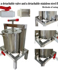 Heavy Duty Manual Honey Press Built With Thick 304 Stainless Steel For Serious Durability, showing detachable valve and filter.