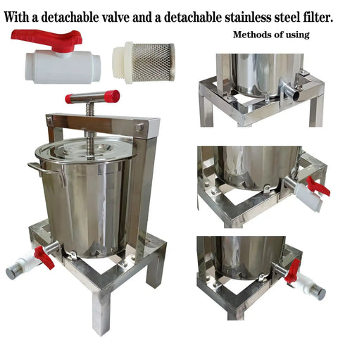 Heavy Duty Manual Honey Press Built With Thick 304 Stainless Steel For Serious Durability, showing detachable valve and filter.