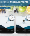 Bluetooth Kitchen Scale 10kg And 22lb Capacity With Smart Nutrition App Calorie And Macro Tracker Real Nutritional Analysis USB C Rechargeable Tempered Glass LED Display showcasing 5g and 100g measurements.