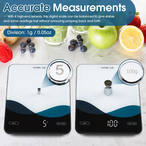 Bluetooth Kitchen Scale 10kg And 22lb Capacity With Smart Nutrition App Calorie And Macro Tracker Real Nutritional Analysis USB C Rechargeable Tempered Glass LED Display showcasing 5g and 100g measurements.