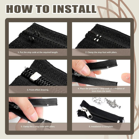 Installation guide for 250 Piece Zipper Replacement Kit With Sliders Pulls And Stops For Luggage Coats Jeans Jackets And Tents