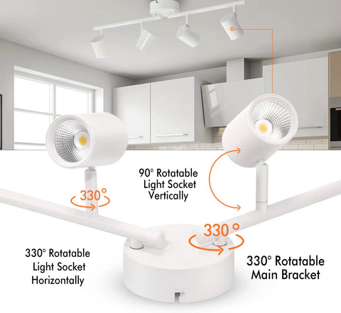 Six-Head LED Track Lighting Kit 40W Dimmable COB LEDs, 330 Degree Rotation in a modern kitchen, white finish.