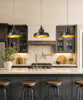 AMRUIPO 22FT Plug in Pendant Light Farmhouse Hanging Lamp Fixtures in kitchen with black dome shades and warm gold interior.