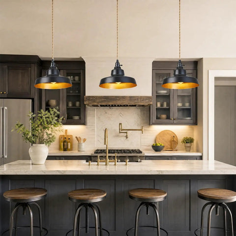 AMRUIPO 22FT Plug in Pendant Light Farmhouse Hanging Lamp Fixtures in kitchen with black dome shades and warm gold interior.
