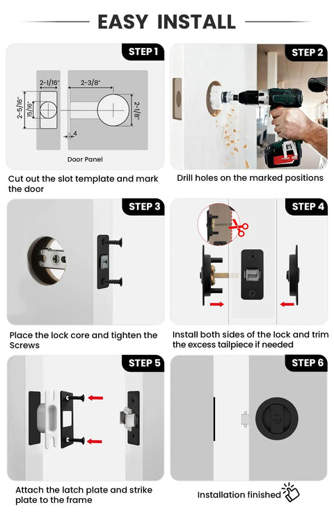 Installation steps for Matte Black Round Pocket Door Lock Set For Two One Eighth Inch Bore, Easy Install Pocket Door Hardware.