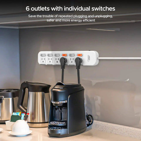 Six Outlet Power Strip Surge Protector With Individual Switches And Durable Mountable Design For Under Desk Or Wall Use Protective Case Energy Saving, mounted on a kitchen wall.