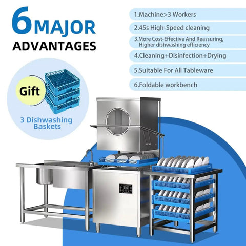 Pro No Frills Heavy Duty Commercial Dishwasher Freestanding Electric Hood Type Workhorse Stainless Steel Build with 3 dishwashing baskets.