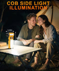 Couple using Turbo Charged No Fuss 130000 RPM Electric Air Duster With Light for camping illumination on table