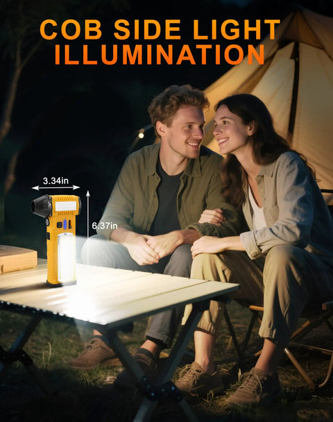 Couple using Turbo Charged No Fuss 130000 RPM Electric Air Duster With Light for camping illumination on table