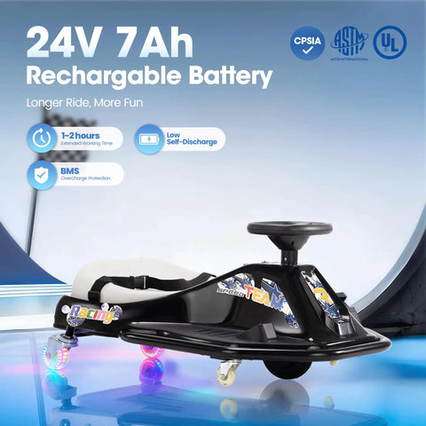 Electric Drifting Go Kart For Kids 3 Plus, 24V Powered Ride On Drift Racer With 360 Degree Spin, black design