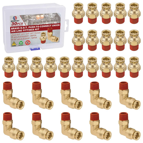 Three Eighths Push To Connect Pro Grade Brass Fittings Kit Straight And 90 Degree Elbow Combo with storage box