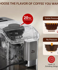 Slick Fully Automatic Espresso Machine With Built In Grinder And One Touch Milk Frother For Lattes And Cappuccinos 20 Bar Pump showing pressure settings and grinder details.
