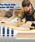 No Hassle 4 Piece Flush Trim Router Bit Set With 1/4 Inch Shank And Top Bottom Bearings Rocks Solid Carbide Tips for woodworking use.