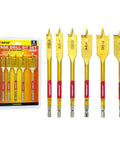 Front view of Spade Drill Bit Set 6 Piece Paddle Bits Three Eighths To One Inch With One Quarter Hex Shank For Woodworking, packaging shown.