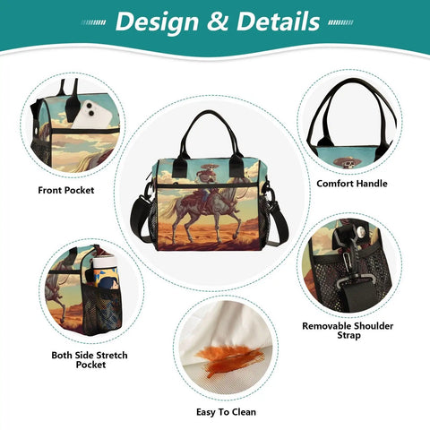 Desert Cowboy Insulated Lunch Bag with detachable shoulder strap, front pocket, nylon exterior, and aluminum lining.