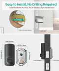 Installation diagram of Smart Front Door Lock With Fingerprint And Bluetooth Deadbolt Keypad Entry App Control And Alexa Compatibility Auto Lock For Home And Apartment Remote WiFi Access 50 Fingerprints 100 Codes showing dimensions and easy installation on door.
