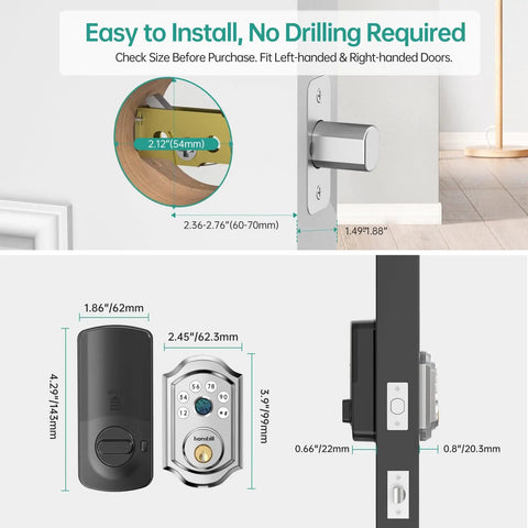Installation diagram of Smart Front Door Lock With Fingerprint And Bluetooth Deadbolt Keypad Entry App Control And Alexa Compatibility Auto Lock For Home And Apartment Remote WiFi Access 50 Fingerprints 100 Codes showing dimensions and easy installation on door.