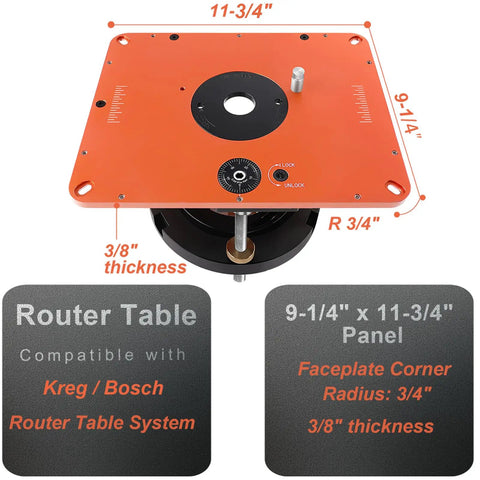 Built Like A Tank Router Lift Platform Heavy Duty Design with 9-1/4 x 11-3/4 inch tough aluminum faceplate and manual crank.