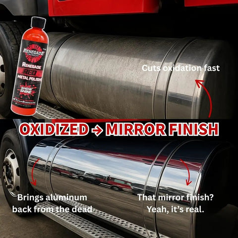 Big Rig And Semi Truck Metal Polishing Complete Kit With Buffing Wheels Buffing Compound Safety Flanges 12 Piece Aluminum Polishing System Sanding Discs Microfiber Cloths And Rebel Red Liquid Metal Polish used on oxidized truck tank for mirror finish