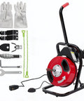 Heavy Duty Electric Drain Cleaner Machine with Automatic Sewer Snake Feed System, 50-Foot Cable Fits 1-to-4 Inch Pipes, includes gloves and sharp cutters.