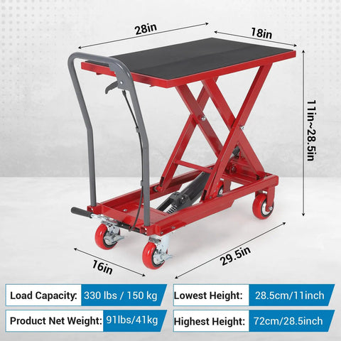 Heavy Duty Hydraulic Lift Table Cart 330 Lbs Capacity 28.5 Inch Height in red with a thick steel frame for industrial use.