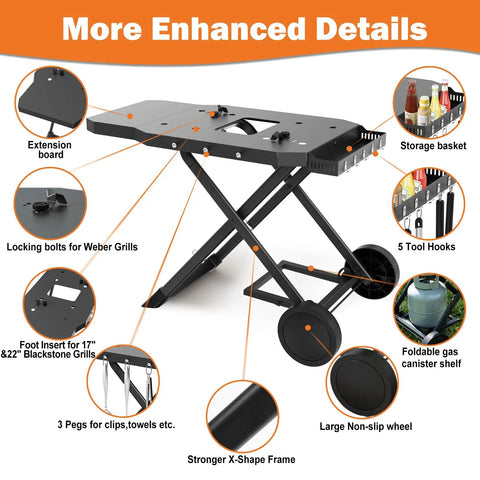Diagram of Foldable Grill Cart for Blackstone 17 and 22 Inch Tabletop Griddles and Weber Q Series Grills Portable Stand features