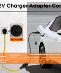 Hassle Free Plug And Charge Your Electric Ride With This Nema 14-30P To 14-50R Ev Charger Adapter Cord For Smooth Level Two Power Transfer On Any Modern Dryer Outlet Ten Foot Etl Certified Cable, showing a charging setup.