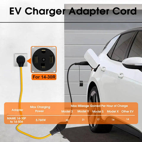 Hassle Free Plug And Charge Your Electric Ride With This Nema 14-30P To 14-50R Ev Charger Adapter Cord For Smooth Level Two Power Transfer On Any Modern Dryer Outlet Ten Foot Etl Certified Cable, showing a charging setup.