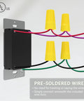 Pre-soldered wires connected to a Six Pack Led Dimmer Light Switch Single Pole Or Three Way With Adjustable Min Brightness Skip Neutral Wires For Older Homes Ul Listed White Panel.