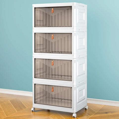 Four Tier Storage Bins With Lids On Wheels, 23QT Each, Stackable Closet Organizers For Home, Office, Dorm, Collapsible Foldable.