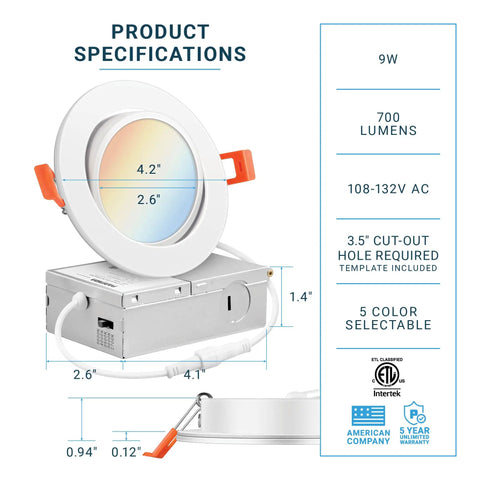 12 Pack 4 Inch LED Gimbal Eyeball Recessed Lighting Canless Ceiling Light Plug And Play With J Box 9W dimmable specs