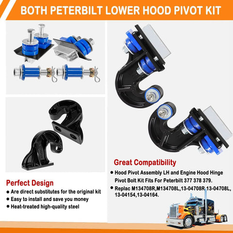 Lower Hood Pivot Kit And Engine Hood Hinge Pivot Bolt Kit Fits Peterbilt 377 378 379 Replacement M134708R M134708L image