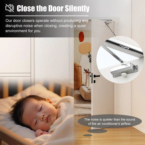 Soft Automatic Door Closer For Indoor And Outdoor Use Built Tough With Aluminum Hydraulic Hinge next to sleeping baby.