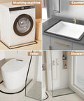 Slick Nifty 39 Inch Black Shower Threshold Water Dam Stopper displayed in bathroom next to washing machine, toilet, and shower.