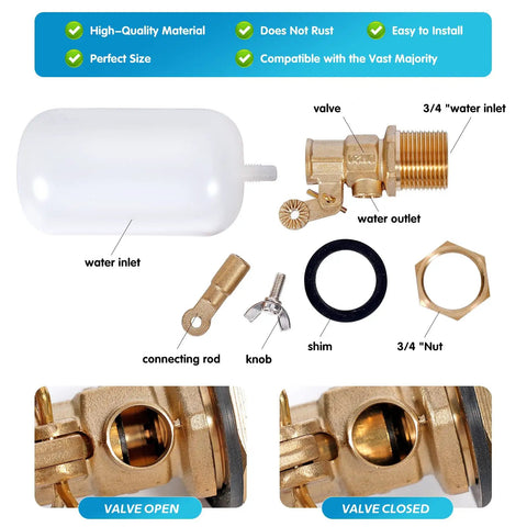 Solid Two Pack Of 3/4 Inch Brass Float Valve With Auto Fill Mechanism For Pool And Pond Water Level Control Featuring Heavy Duty Adjustable Arm And Badass Durability That Goes Hard Without Rusting, featuring valve components and connections.