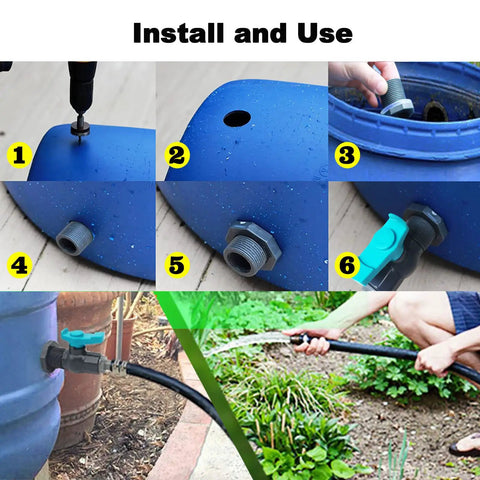 Rain Barrel Spigot Kit With Hole Saw, PVC Bulkhead Fitting, Ball Valve, Thread Seal Tape, And Garden Hose Male Threaded Adapter installation