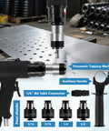 Heavy Duty Pneumatic Tapping Machine With Four Pieces Ansi Collets For Precision Internal Threading On Workpieces with air inlet connector and chucks.