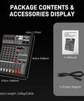 Package contents of 6 Channel Professional Audio Mixer With 320 DSP Effects And 7 Band EQ USB And Bluetooth Connectivity