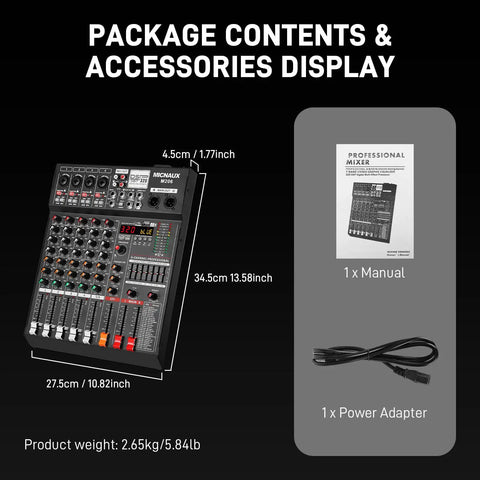 Package contents of 6 Channel Professional Audio Mixer With 320 DSP Effects And 7 Band EQ USB And Bluetooth Connectivity